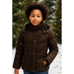 Girls Brown Puffer Jacket Faux Fur Trim Hood Winter‎ Coat Warm Outerwear Kids